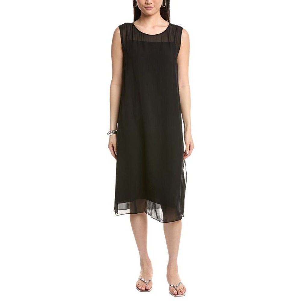 Eileen Fisher Womens  Bateau Neck Silk Midi Dress, Black